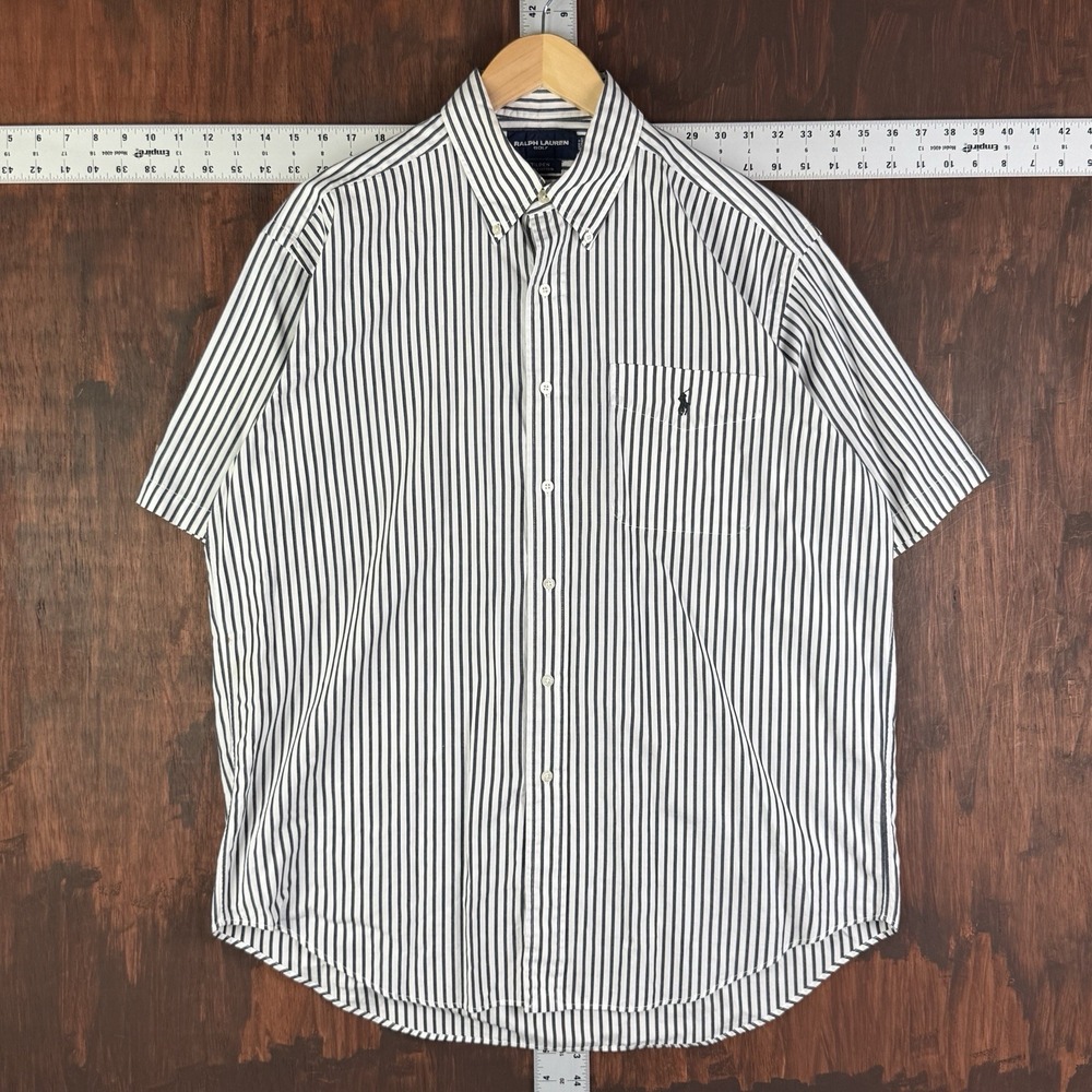 Ralph‎ Lauren Golf Shirt Striped Tilden Pocket Logo VTG White Black Men's Large